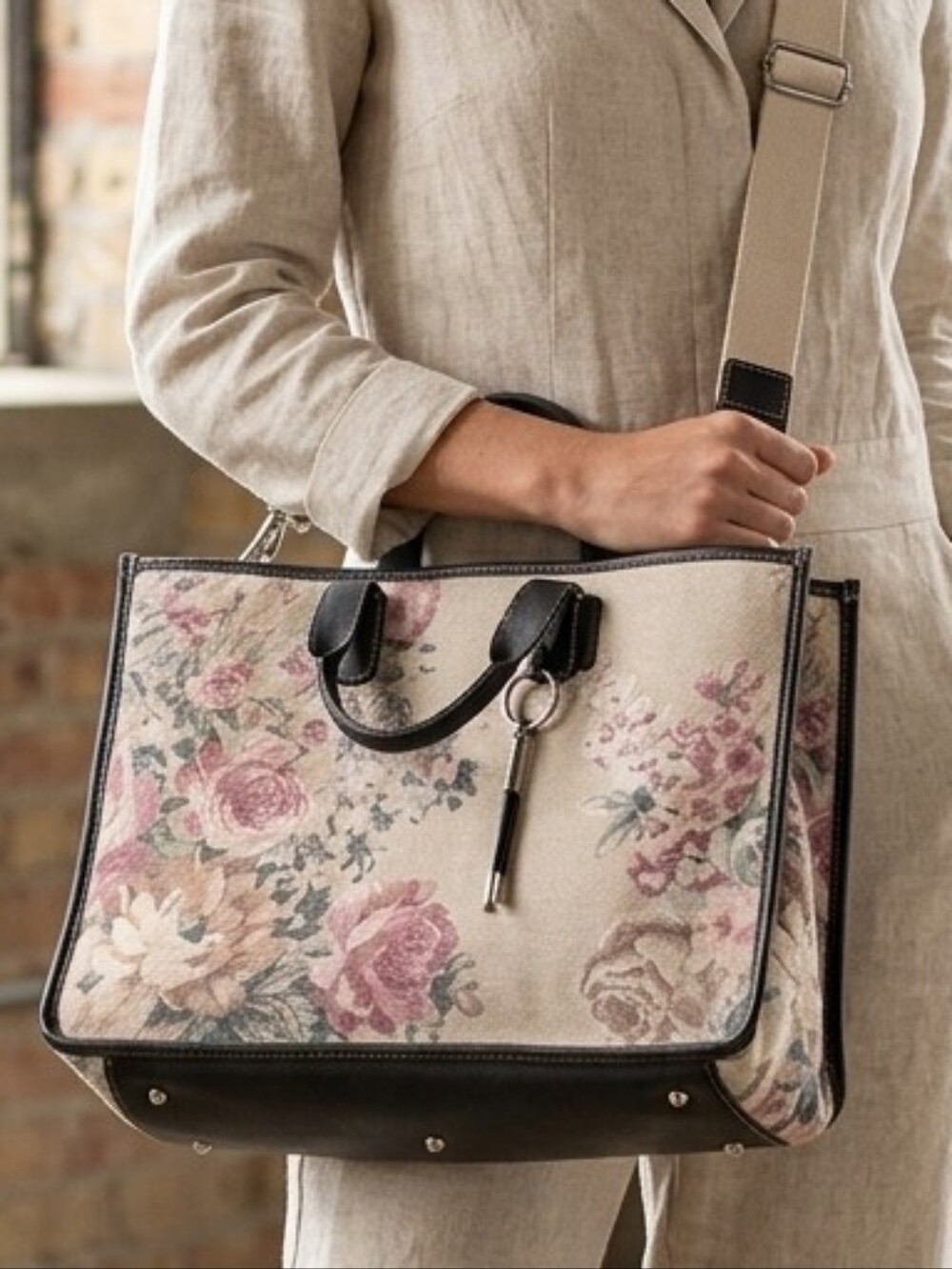 Carribbean JOE Floral Canvas Worl Tote Bag Satchel Handbag Trim  Pink Floral